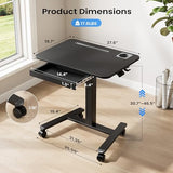 Monomi Mobile Standing Desk with Drawer, 28" Rolling Desk with Cup Holder and Hooks, Portable Laptop Cart on Wheels, Height Adjustable Workstation with Storage for Home Office, Black Monomi