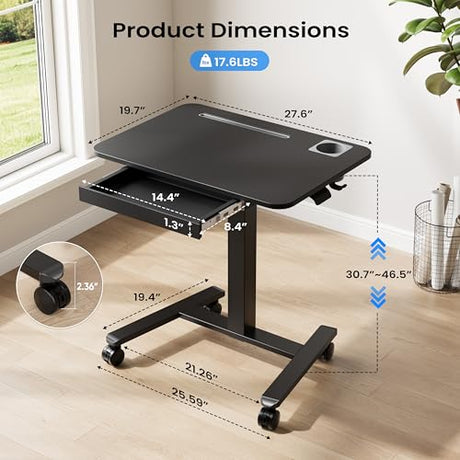 Monomi Mobile Standing Desk with Drawer, 28" Rolling Desk with Cup Holder and Hooks, Portable Laptop Cart on Wheels, Height Adjustable Workstation with Storage for Home Office, Black Monomi