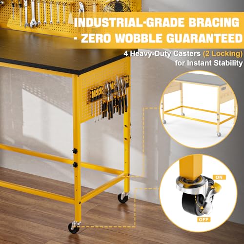 Work Bench, Ferreteriai 47" Heavy Duty Workbench with Power Outlet & USB-C, Exclusive Yellow Side Battery Holder, Adjustable Height, 2100LB Capacity, Locking Wheels for Garage Workshop Ferreteriai