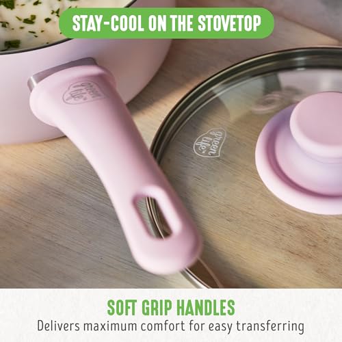 GreenLife Soft Grip 16 Piece Cookware Set, Non-Toxic PFAS-Free Ceramic Nonstick, Frying, Sauce, Saute, Utensils, Glass Lids, Stay-Cool Handles, Wobble Free, Dishwasher & Oven Safe, Soft Pink GreenLife