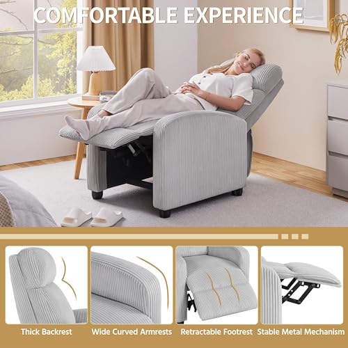 Yaheetech Recliner Chair Corduroy Recliner Sofa with Lumbar Support High-Density Foam & Pocket Springs, Push Back Armchair for Living Room Bedroom Home Theater Light Gray