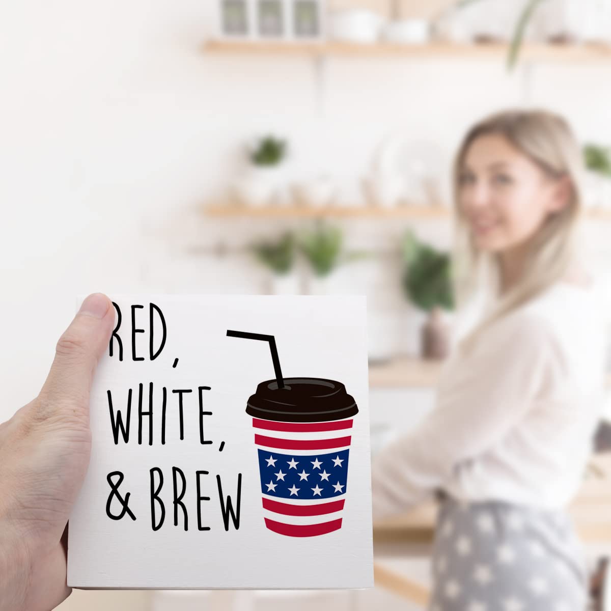 Funny Red White and Brew American Flag Coffee Patriotic Wooden Plaque Sign Desk Decor,Retro 4th of July Wood Block Sign Desk Decorations for Home Bedroom Living Room Office Shelf Table Decor Ruvoty