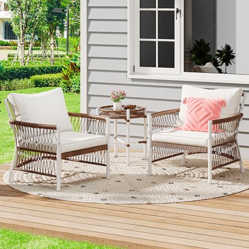 YITAHOME 3-Piece Outdoor Patio Furniture Wicker Bistro Set, All-Weather Rattan Conversation Chairs for Backyard, Balcony and Deck with Soft Cushions, Beige - WoodArtSupply