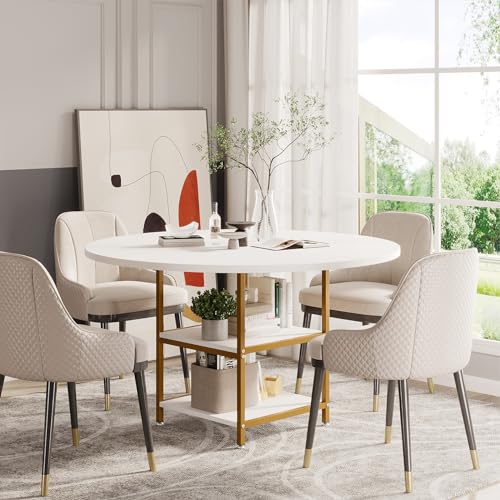 Tribesigns 47 Inches Dining Table Kitchen Tables for Dining Room, 4 People Round Dinner Table with Storage Shelves for Dinner Room Kitchen Living Room, White Gold(Only Table) Tribesigns