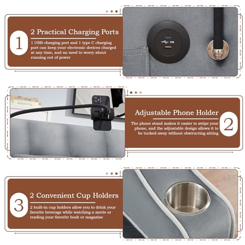 Pull Out Sofa Bed with Phone Holder, Convertible Velvet Loveseat Sleeper with 2 USB Charging Ports, Modern Futon Couch with Cup Holders and Adjustable Backrest, Love Seat for Living Room, Light Grey