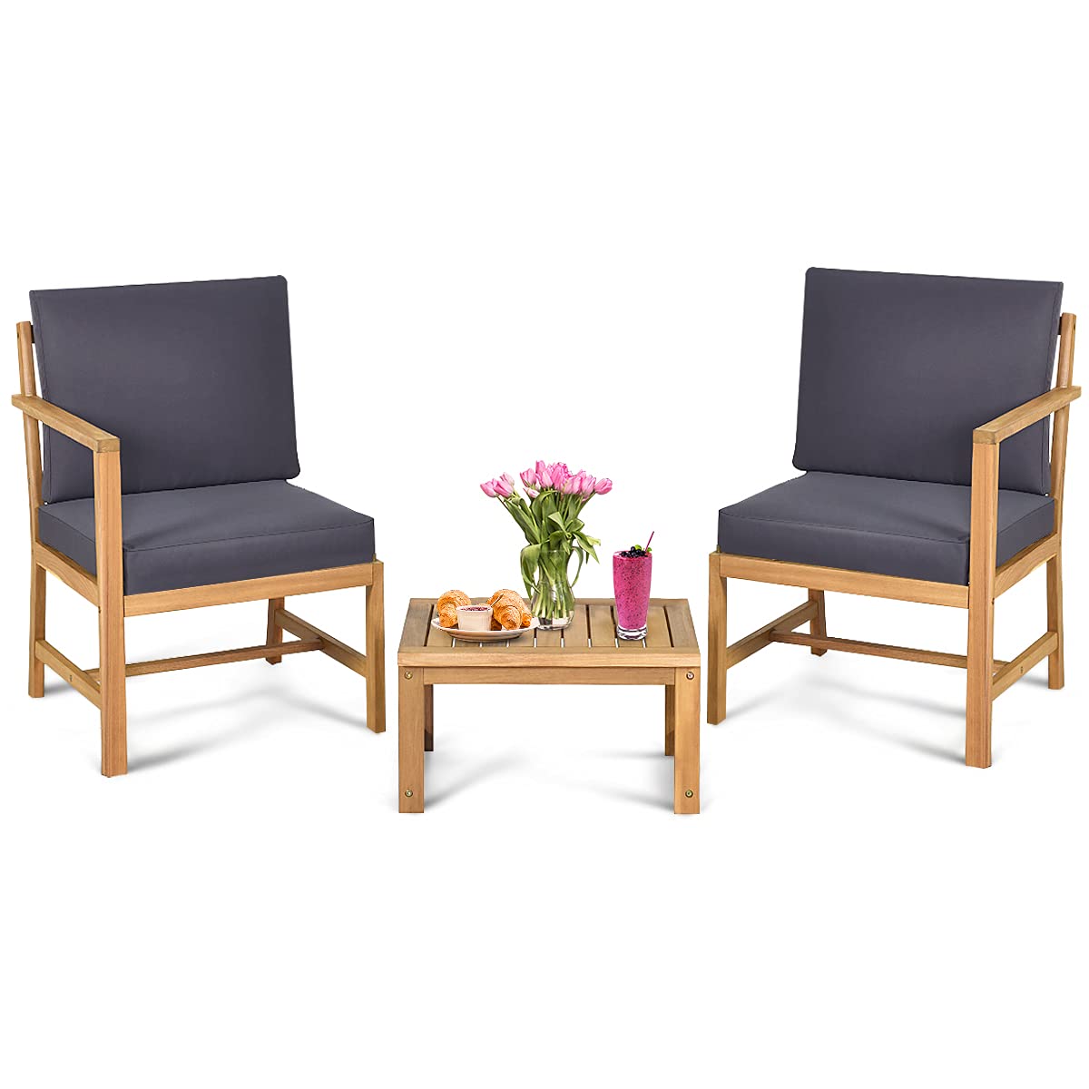 DORTALA Acacia Wood Patio Set, 3-Piece Wooden Love Seat with Cushions &Table, 2-Seater Outdoor Furniture Set, Patio Conversation Set for Garden Backyard Balcony Patio Poolside - WoodArtSupply