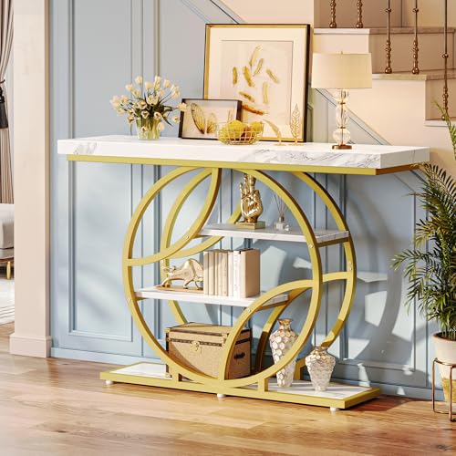 Huuger 47.2 Inch Entryway Table with Marble Top, Modern Console Sofa Table, Accent Table with Shelves, for Entry, Hallway, Entrance, Foyer, O-Shaped Metal Frame, White Marble & Gold Huuger