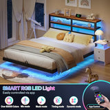 kozfrn Floating Bed Frame Full Size with Storage Headboard,Modern Metal Platform with Smart LED Lights and Charging Station,Metal Slat Support,No Box Spring,Easy Assembly,Noise-Free,Black kozfrn