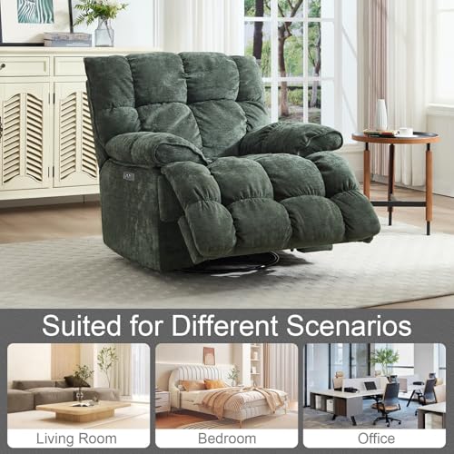 Pationate Oversized Recliner Chair, Overstuffed Swivel Rocker with Extra Wide Seat & Breathable Fabric for Living Room (Power, Green)