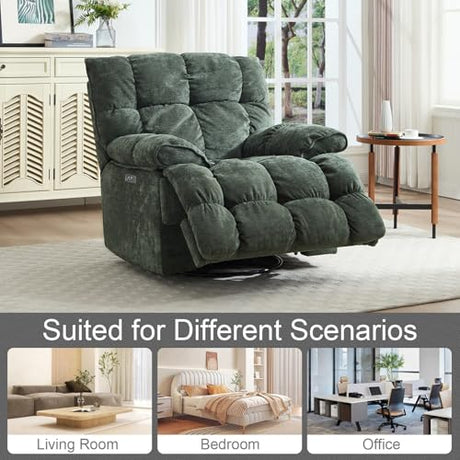 Pationate Oversized Recliner Chair, Overstuffed Swivel Rocker with Extra Wide Seat & Breathable Fabric for Living Room (Power, Green) Pationate