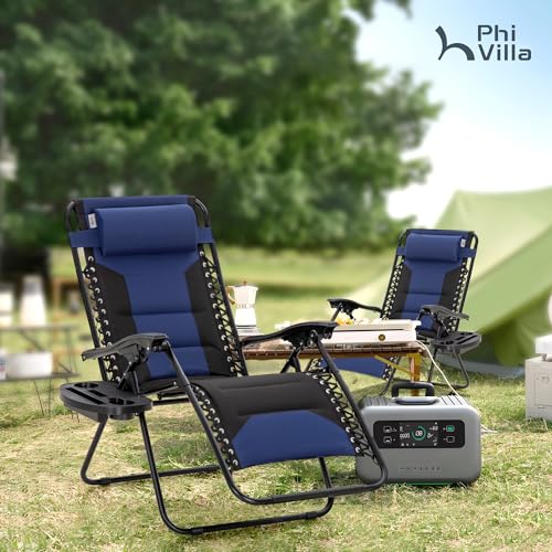 PHI VILLA Zero Gravity Chair Set of 2, Padded Anti Gravity Recliner, Oversized 28" Wide Seat, Foldable Patio Lounger with Armrest & Cup Holder, Supports 400 LBS (Blue Black) PHI VILLA
