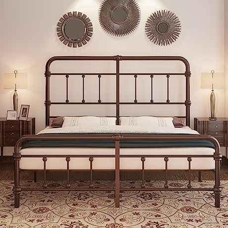 Geltanny Vintage Farmhouse King Bed Frame with 49-inch Tall Headboard - Dark Bronze Iron Platform, No Box Spring Needed Geltanny