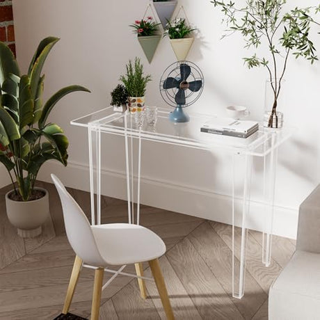 Acryve Acrylic Desk - Clear Acrylic Table, Modern Home Office Study Table, Extended Surface Multi-Purpose Console, Sturdy Lightweight Workstation for Small Spaces (Transparent-L) Acryve