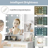 Maupvit Rattan Vanity Desk with Mirror and Lights, Boho Makeup Vanity Table Set with Nightstand, 5 Drawers & 10 Bulbs, Metal Silver Handle, 3 Open Shelves, Dressing Table with Cushioned Stool (White) Maupvit