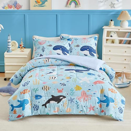 Joyreap 3pcs Cotton Twin Size Comforter Set for Kids, World of The Sea Theme Blue Design, Soft n Cozy Bedding Comforter for All Season- 68x88 inches Joyreap