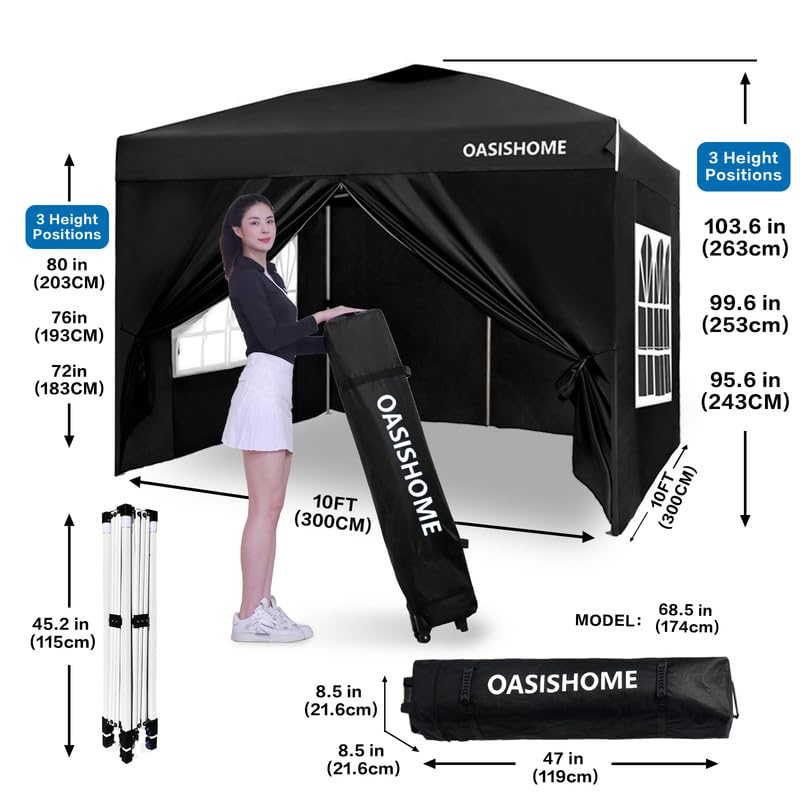 OASISHOME Pop-up Gazebo Instant Portable Canopy Tent 10'x10', with 4 Sidewalls, Windows, Wheeled Bag, for Patio/Outdoor/Wedding Parties and Events (10FTx10FT, Black) OASISHOME