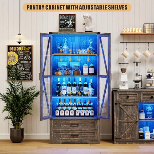 Farmhouse Pantry Cabinet 68" Tall, Large Wood Kitchen Storage Cabinet with Drawers & Shelves, LED Display Cabinet Bookcase for Living Room/Bedroom/Office, Rustic Brown - WoodArtSupply