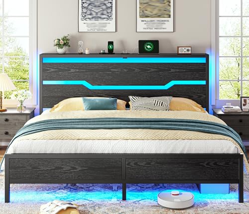 Homkdom King Size Bed Frame with LED Lights & Charging Station, King Bed Frame and Headboard,Metal Bed Frame King Size Heavy Duty,13" Under Bed Storage,No Box Spring Needed, No Noise,Modern Black Homkdom