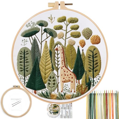 FONNUY Giraffe Pre-Stamped Embroidery Pattern for Beginners, Boho Needlepoint Kits for Beginners Cross Stitch Craft Sewing Full Needles and Thread Hoop Kit (Giraffe 01)