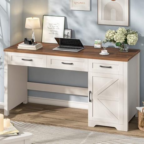 Vabches Farmhouse 55" Executive Desk,Computer Desk with 3 Drawers and Storage Cabinet,Home Office Desk for Work and Study Vabches