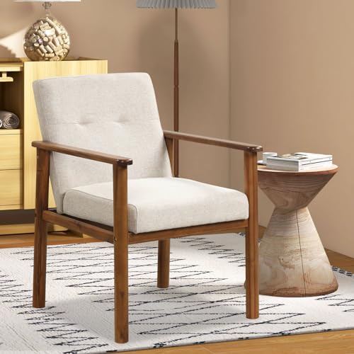GOFLAME Accent Chair Set of 2, Mid-Century Modern Armchair with Solid Wood Legs, Soft Cushioned Seat, Upholstered Linen Fabric Leisure Chair for Living Room, Bedroom, Guest Room, Office, Beige GOFLAME