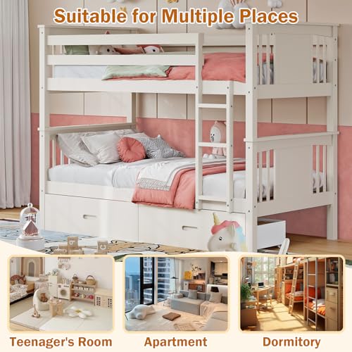 FUQARHY Bunk Bed Twin Over Twin with Storage Drawers, White Convertible Wood Twin Bunk Beds with Ladder and Safety Guardrail, No Box Spring Needed (White) FUQARHY
