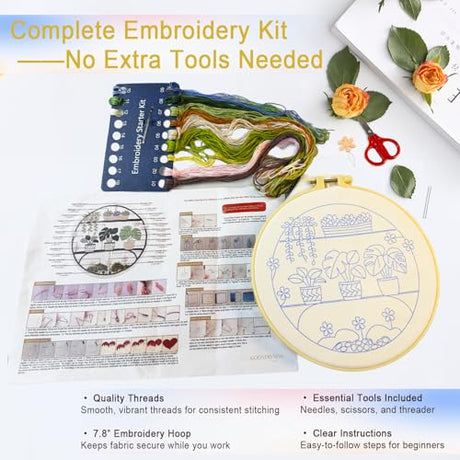 GooStryxen Green Plant Embroidery Kit for Adults, Needlepoint Kit for Beginners with Hoop, Threads & Tools, Botanical DIY Needlepoint for Home Decor GooStryxen