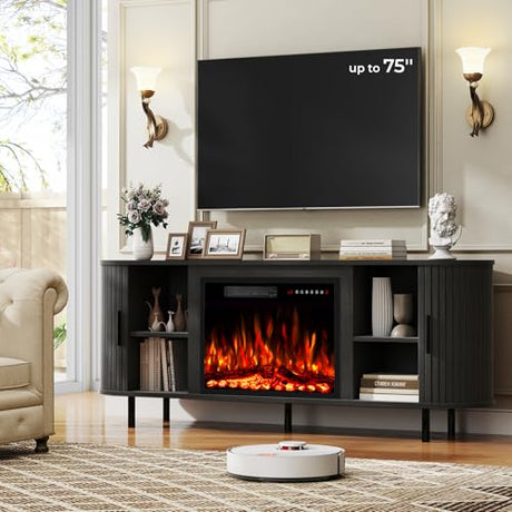 BREEZEHEAT 65'' Mid Century Modern Fluted TV Stand with 23" Fireplace, Curved Fireplace Entertainment Center for TVs Up to 75 Inches, Black Media Console Cabinet for Living Room BREEZEHEAT