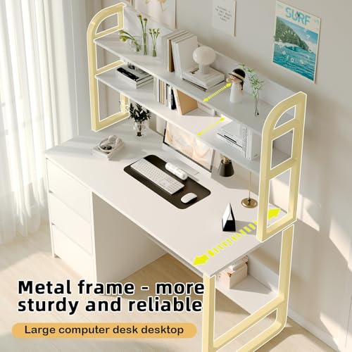 MaverickFurni 60 Inch Computer Desk with Shelves & Hutch, Home Office Desk with 3 Storage Drawers for Bedroom Work, Study Writing Table for Small Spaces, Adjustable feet, White MaverickFurni