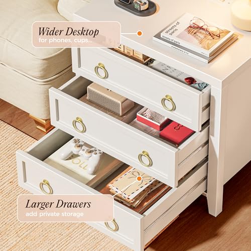 Huuger 23.6 Inch Night Stand with Charger Station and USB-C Port, 3 Drawer Nightstand, Larger Wider Bedside Table, Modern Side End Table, for Bedroom, White Nightstand Huuger