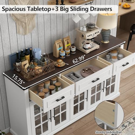 Gyfimoie 63" Sideboard Buffet Cabinet with Glass Doors, Farmhouse Large Buffet Table with 3 Storage Drawers, Modern Coffee Bar Wine Bar Cabinet with Adjustable Shelves for Kitchen, Dining Room, White Gyfimoie