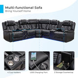 Comfort Stretch Power Recliner Sectional Sofa Couches with Bass Speakers for Living Room, Faux Leather Reclining Corner Sectionals Sofa Couch Sets with LED Light, Electric Theater Recliners Home,Black