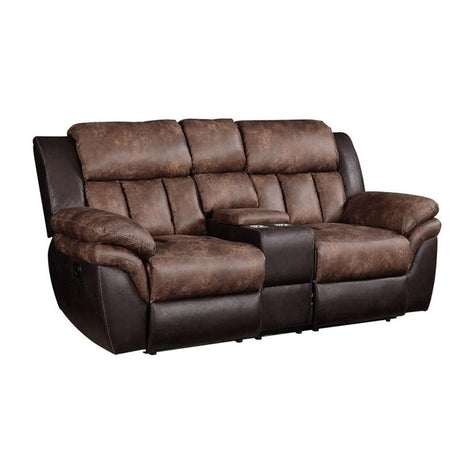 Acme Jaylen Microfiber Reclining Loveseat with Console in Toffee and Espresso Acme