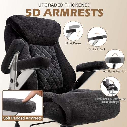 Fabric 700lbs Big and Tall Office Chair, Ergonomic Heavy Duty Executive Cloth Office Chair with 5D Flip Arms & Adjustable Lumbar Support & Dual Rubber Wheel, Large Thick Padded Extra Wide Seat, Black Sofetura