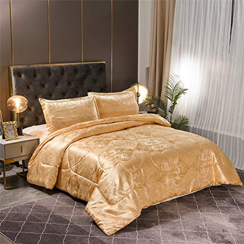 Raytrue-X Luxury Silk Bedding Comforter Sets, Gold Jacquard Lightweight Comforter Quilt, All Season Ultra Soft Microfiber Twin Comforter Set Matching 2 Pillow Shams(Twin/Twin XL, 3 Pieces) Raytrue-X