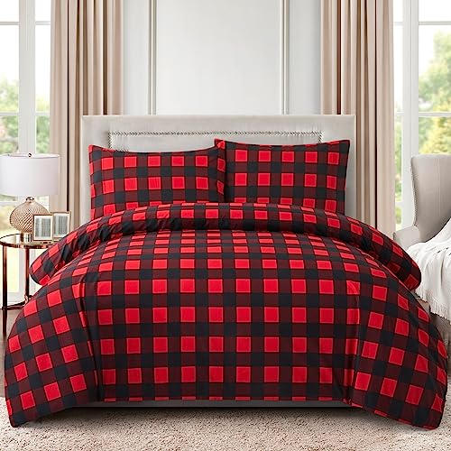 Marina Decoration Soft Silky Rich Printed Rayon from Bamboo All Season 3 Pieces Duvet Cover Fitted Sheet Ensemble Bedding Set with Zipper and Corner Tie, Red Black Plaid Pattern Twin/Single Size Marina Decoration
