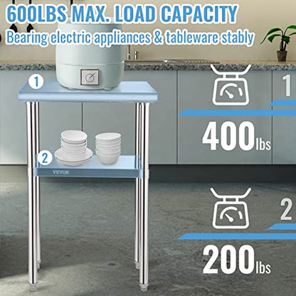 VEVOR Stainless Steel Prep Table, 24 x 18 x 36 Inch, 600lbs Load Capacity Heavy Duty Metal Worktable with Adjustable Undershelf & Feet, Commercial Workstation for Kitchen Restaurant Garage Ba - WoodArtSupply