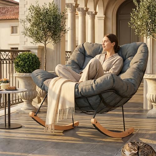 FLEXISPOT Oversized Outdoor Rocking Chair with Thick Cushioned Seat & Bonus Pillow, Modern Patio Papasan Rocker Lounge Chair with Metal Frame Wood Base Accent Chair for Porch Balcony Living Room Grey