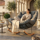 FLEXISPOT Oversized Outdoor Rocking Chair with Thick Cushioned Seat & Bonus Pillow, Modern Patio Papasan Rocker Lounge Chair with Metal Frame Wood Base Accent Chair for Porch Balcony Living Room Grey