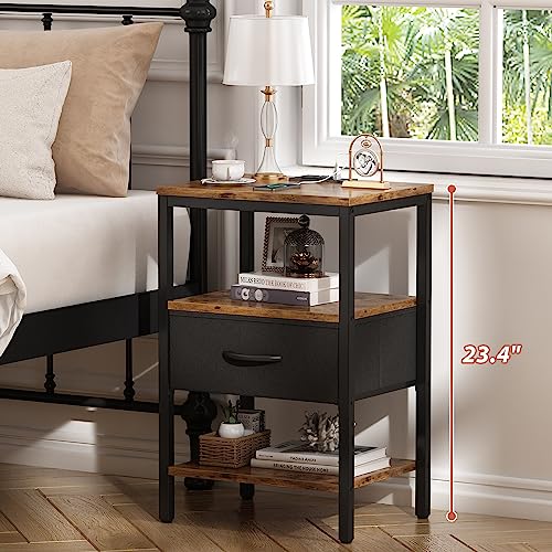 SUPERJARE Nightstand Set of 2, Bed Side Tables with Charging Station, Adjustable Fabric Drawer, Night Stand for Bedroom, 3-Tier Storage End Tables, for Living Room, Rustic Brown and Black SUPERJARE