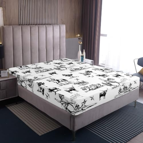 Western Sheet Set King Size Sketch Cowboy Cow and Horse Bedding Set 4Pcs Farm Animal Bed Sheet for Kids Boys Girls Adult Room Decor Black White Rustic Farmhouse Fitted + Flat Sheet,2 Pillowcase Castle Fairy
