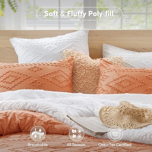 Comfort Spaces Comforter for Queen Size Bed, Geometric Diamond Tufted Boho Comforter Set Queen, All Season Lightweight Bedding Set, Matching Sham, Full/Queen Terracotta 3 Piece Comfort Spaces