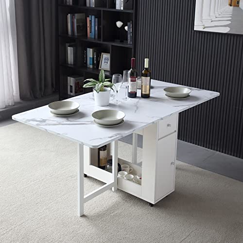 FUNROLUX Folding Dining Table with Rack and 2 Storage Drawers, Movable Extendable Space Saving Kitchen Table in 3 Forms (White) - WoodArtSupply