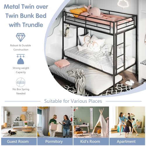 SUNLEI Bunk Bed Twin Over Twins with Trundle, Metal Loft Bed with 2 Secured Ladders, Trundle Beds Twin Safety Guard, Space-Saving, Noise Free for Small Bedroom, Black (Twin Over Twins) SUNLEI