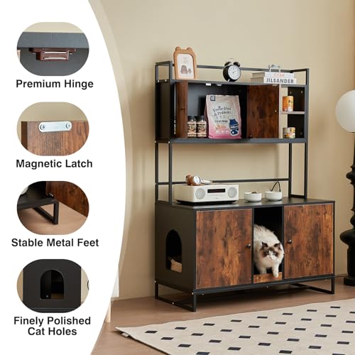 JanflyHome Cat Litter Box Enclosure with Power Outlet, 60'' Large Double Hidden Cat Litter Box Furniture with Shelf, Indoor Cat House Furniture with Cat Scratching Pad for 2 Cats, Vintage Bro - WoodArtSupply