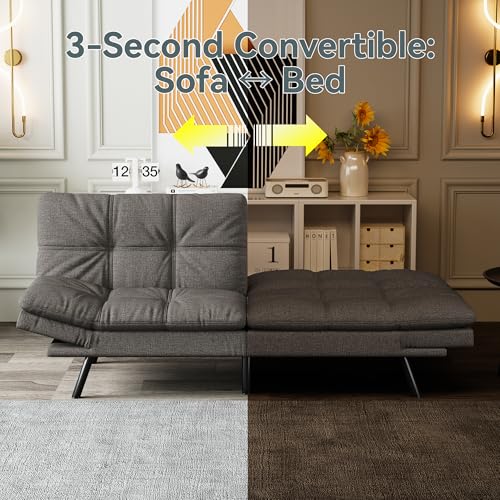 AMICLIBER Futon Sofa Bed Convertible Couch, Grey Linen Sofa Bed with Memory Foam, Adjustable Backrest & Armrests, Multifunctional Small Loveseat Sleeper Sofa for Living Room, Apartment, Office AMICLIBER
