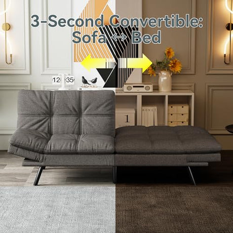 AMICLIBER Futon Sofa Bed Convertible Couch, Grey Linen Sofa Bed with Memory Foam, Adjustable Backrest & Armrests, Multifunctional Small Loveseat Sleeper Sofa for Living Room, Apartment, Office AMICLIBER