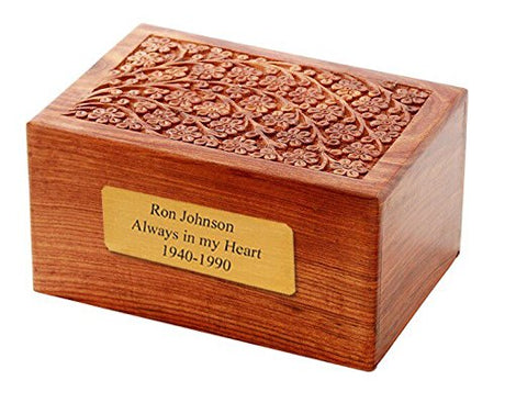 Solid Rosewood Tree of Life Engraving Handcarved Wood Urn with Custom Engraved 2x4 Brass Plate - Large, Cremation Urn, Wooden Urn MEMORIALS 4U