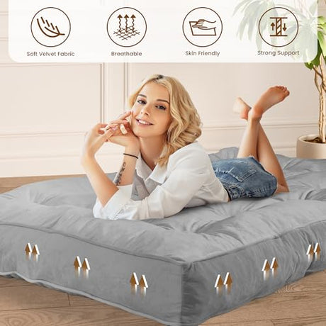 Futon Mattress Full Size 54" x 80", 8" Thick Floor Mattress for Adults, Foldable Sofa Couch Bed with Shredded Foam Filling, Comfy Sleeping Mat for Guest, Camping, Dorm, Light Gray(Frame Not Included) Bliss Homey