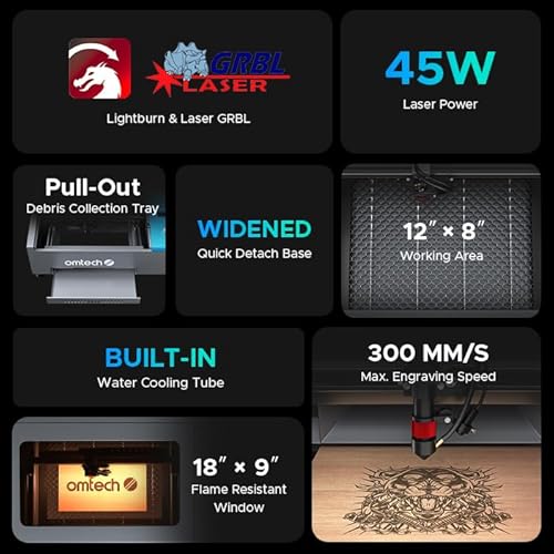 OMTech K40+ 45W CO2 Laser Engraver, 12"x8" Desktop Laser Cutter & Engraving Machine for Home Use, LaserGRBL LightBurn Compatible, Adjustable Laser Head Air Assist for Wood Glass More OMTech